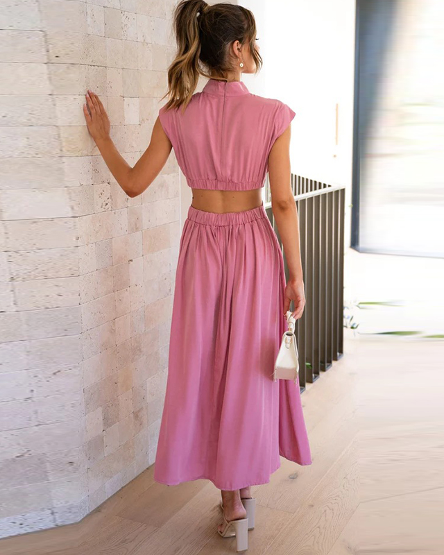 Women's Sleeveless Pleated Midi Dress with Stand Collar