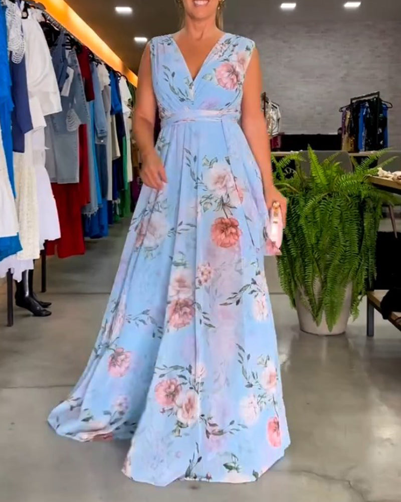 Women's Floral V-Neck Sleeveless Maxi Dress