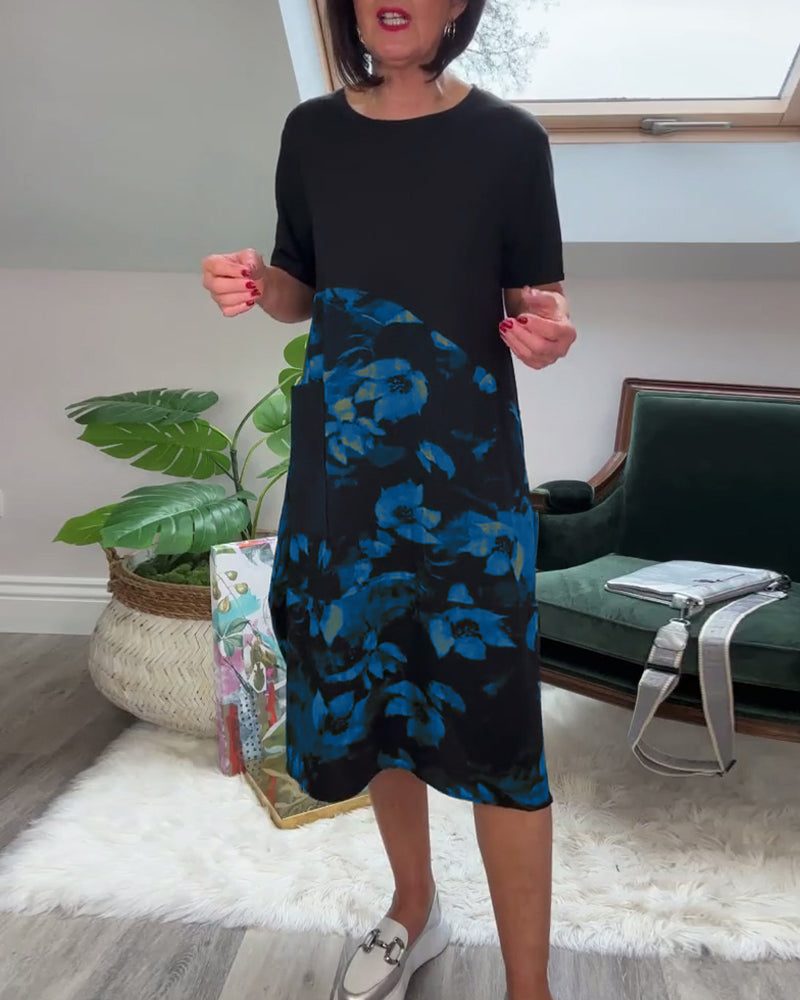 Floral Patchwork Dress with Round Neck