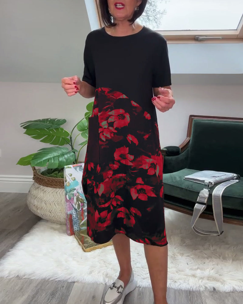 Floral Patchwork Dress with Round Neck