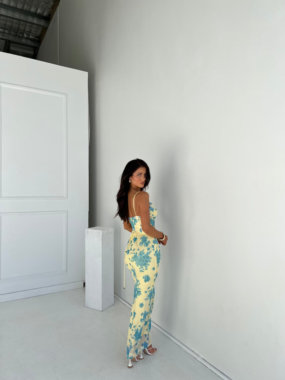 Women's Floral Maxi Dress with Cowl Neckline and Spaghetti Straps