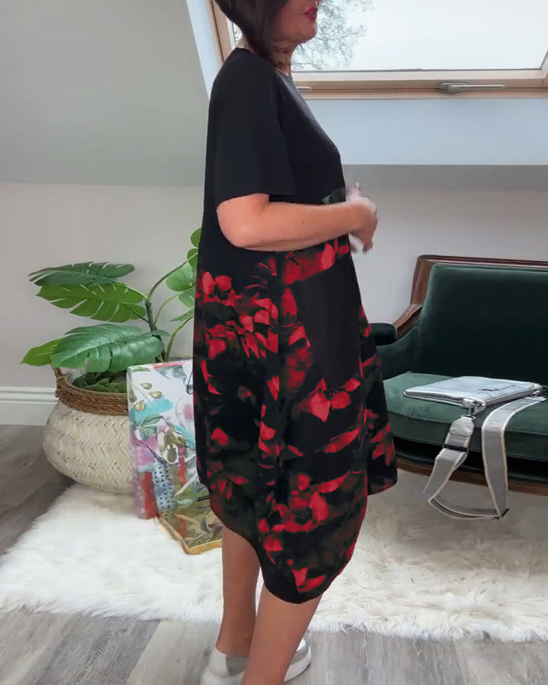 Floral Patchwork Dress with Round Neck