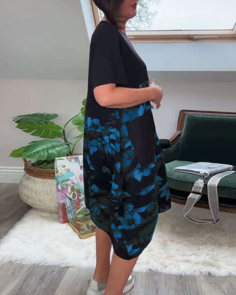 Floral Patchwork Dress with Round Neck