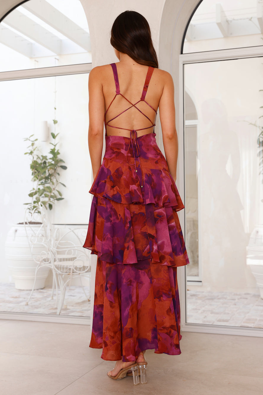Women's Sleeveless Layered Maxi Dress with Deep V-Neck and Ruffle Hem