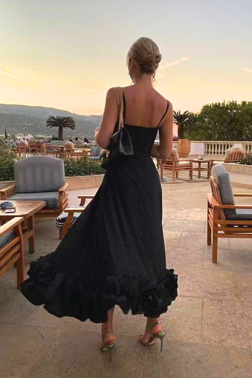 Women's Spaghetti Strap Maxi Dress with Flared Skirt and Ruffle Hem