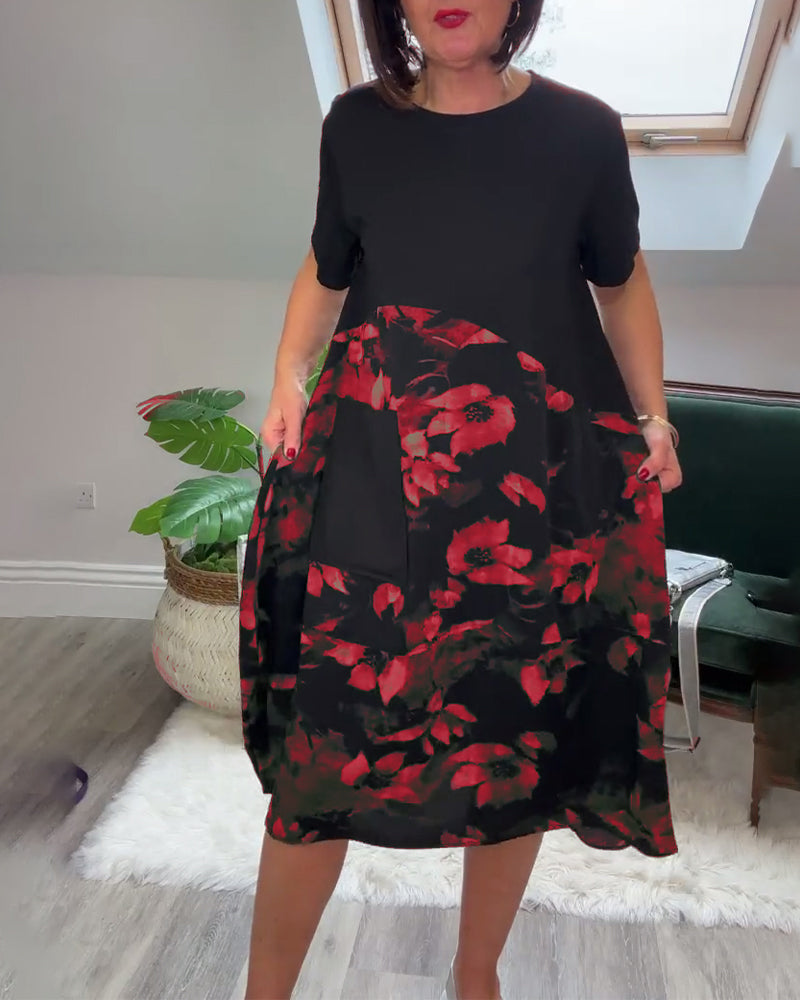 Floral Patchwork Dress with Round Neck