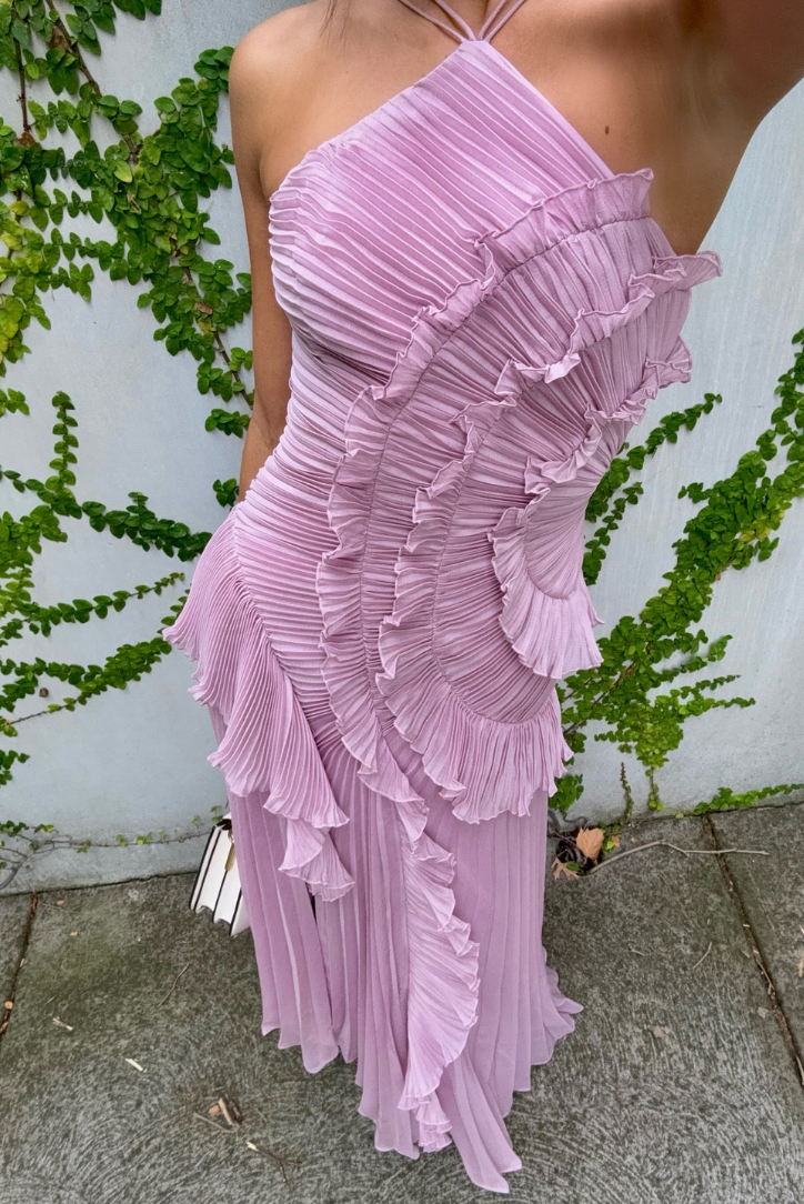 Women's Asymmetric Pleated Ruffle Dress with Halter Neckline