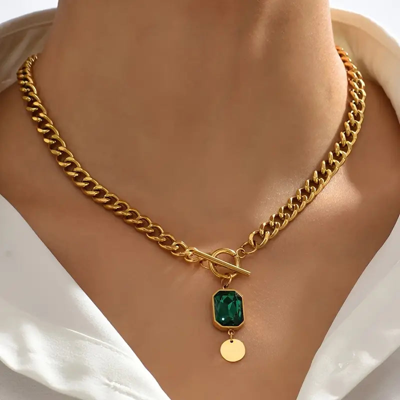 Thick Chain Pendant Necklace with Emerald | Gold