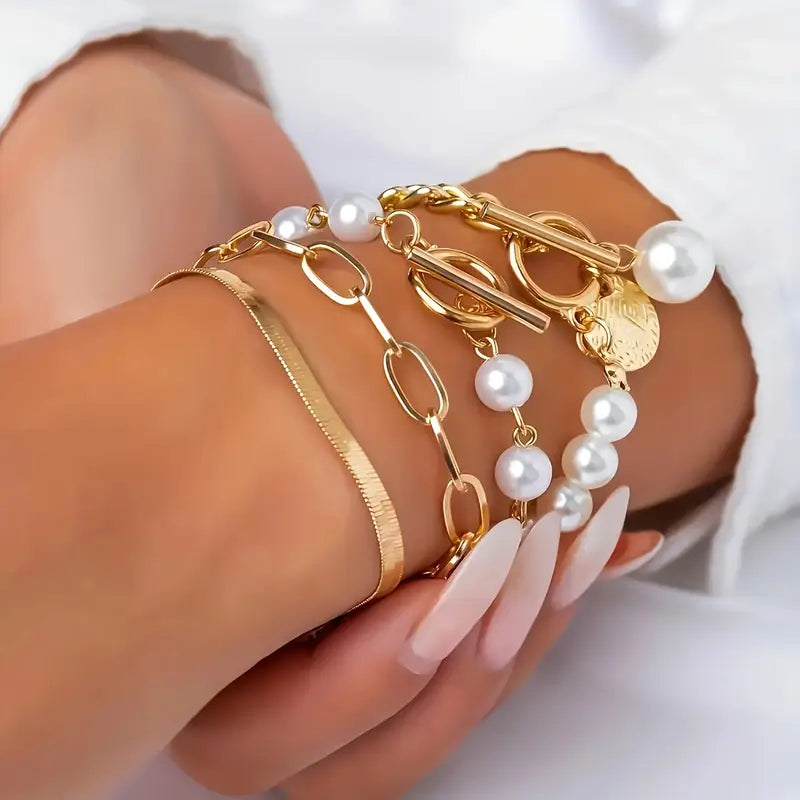Chic Gold Bracelet Set of 4 – Snake, Beads and Links | Gold