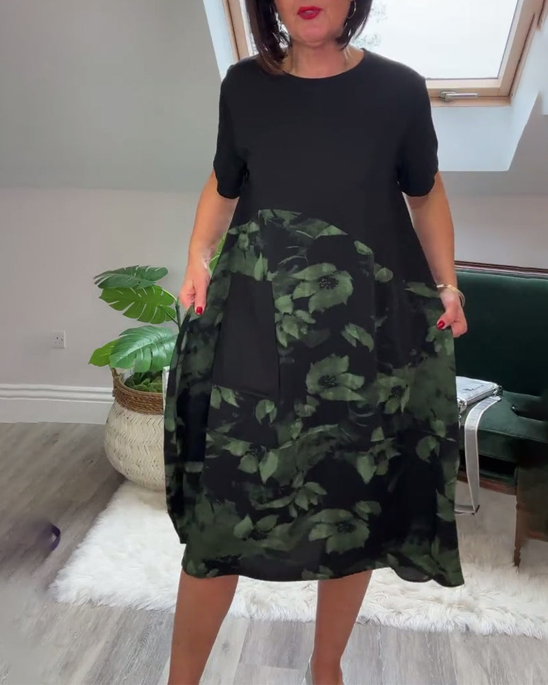 Floral Patchwork Dress with Round Neck