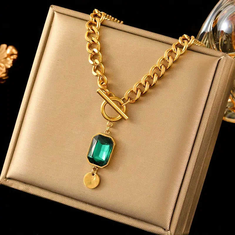 Thick Chain Pendant Necklace with Emerald | Gold