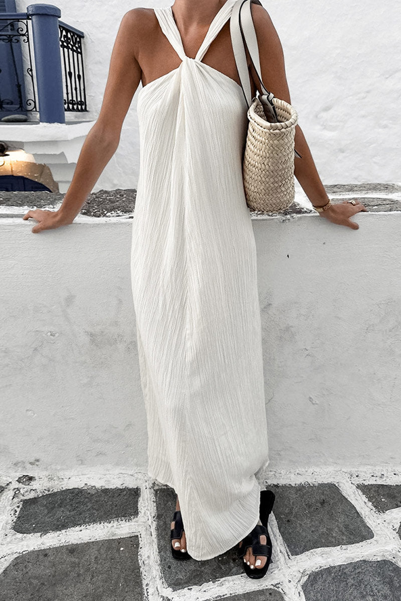 Women's Sleeveless Maxi Dress with Twist Neckline and Slit Hem