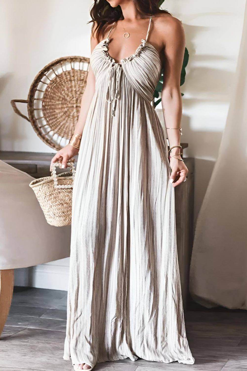 Women's Strapless Pleated Maxi Dress with Drawstring Detail