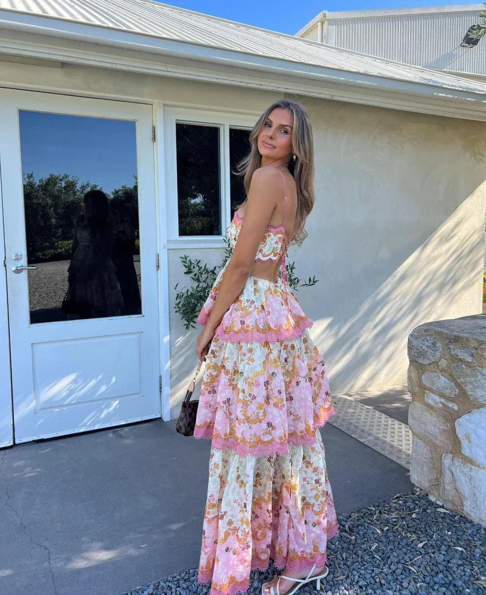 Women's Tiered Maxi Dress with Spaghetti Straps and Floral Print