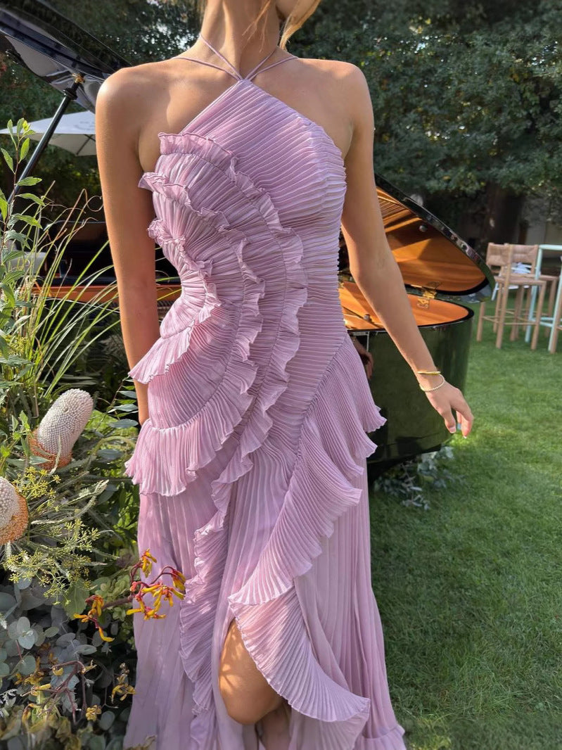 Women's Asymmetric Pleated Ruffle Dress with Halter Neckline