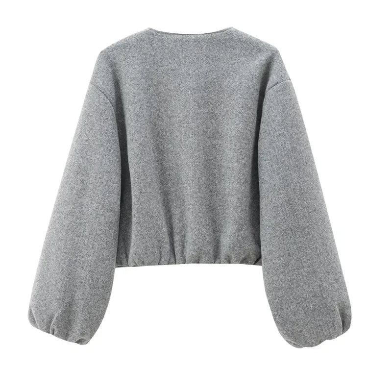 Women's Cropped Bomber Jacket with Long Sleeves and Zip Front