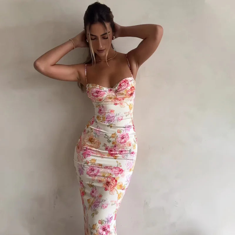 Women's Floral Spaghetti Strap Bodycon Maxi Dress