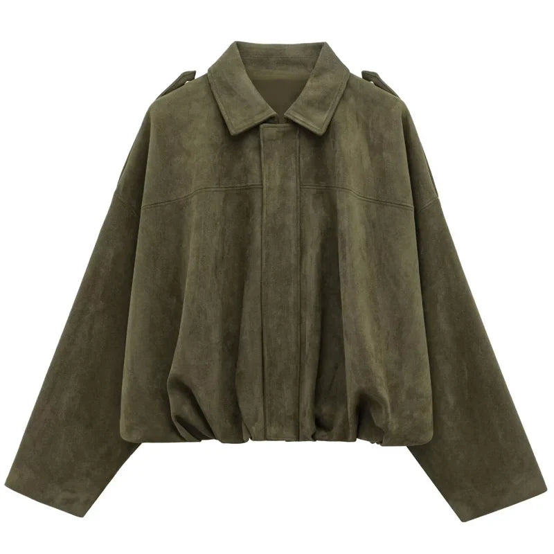Women's Cropped Bomber Jacket with Lapel Collar and Zip Front