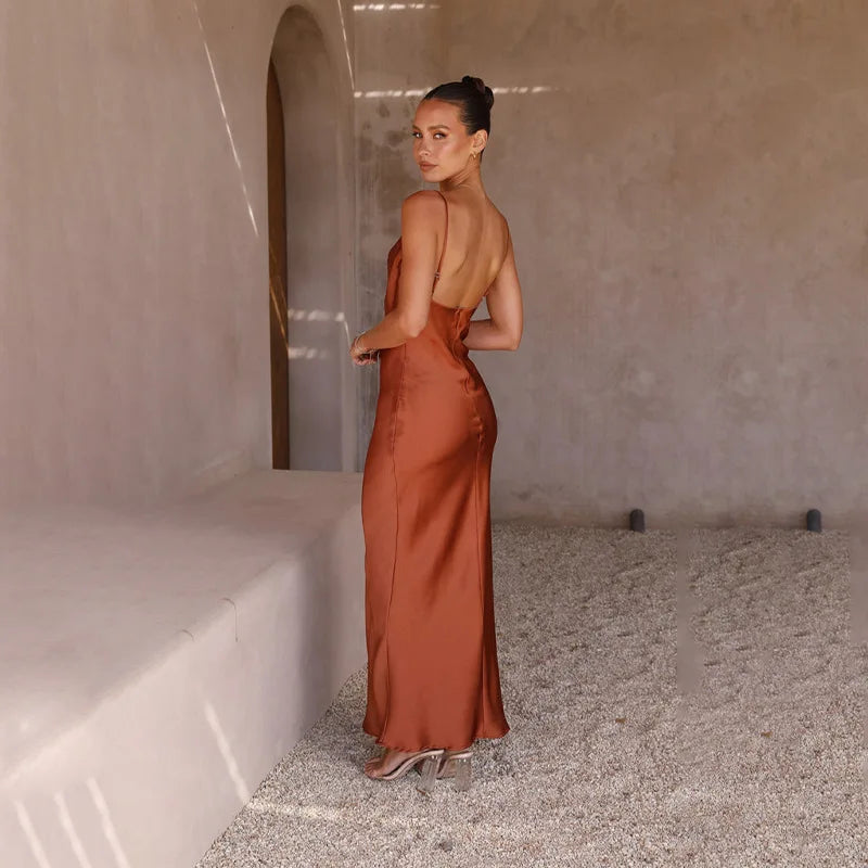 Women's Spaghetti Strap Maxi Dress with Draped Neckline