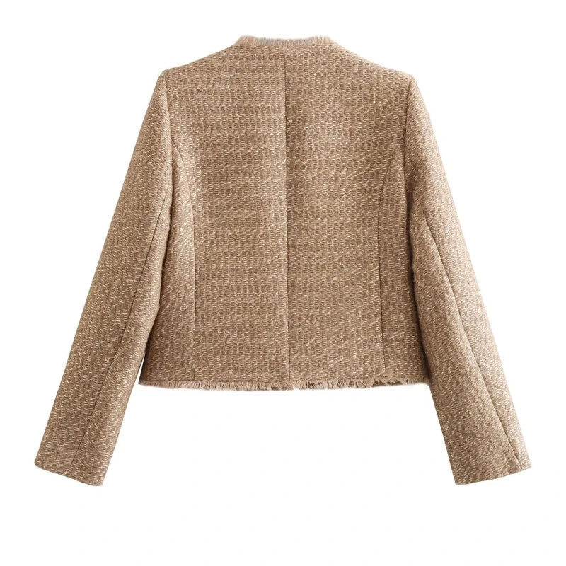 Women's Cropped Tweed Jacket with Long Sleeves and Elegant Short Coat Style