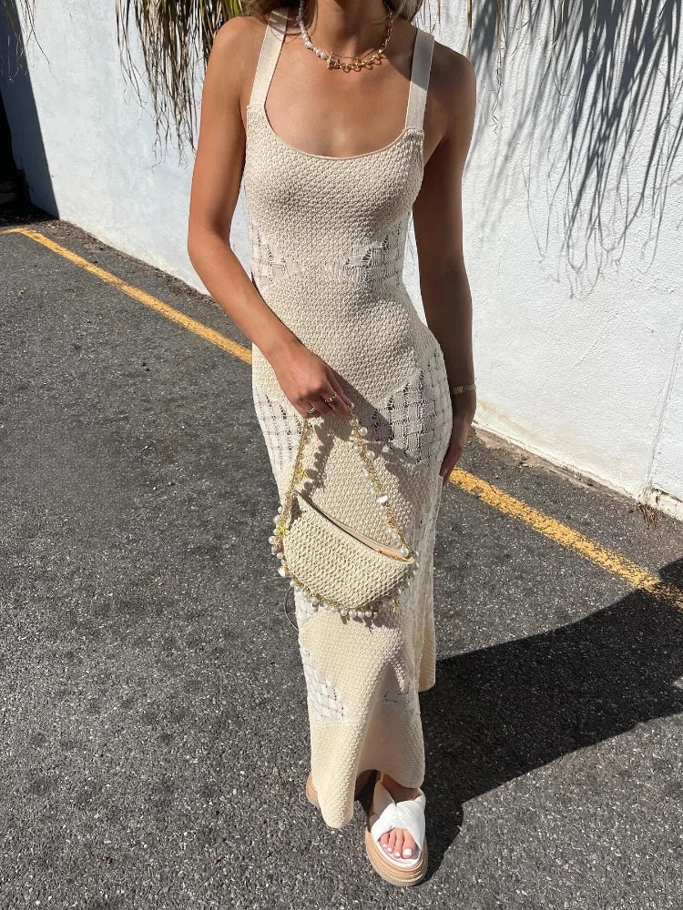 Women's Sleeveless Crochet Knit Maxi Dress with Bodycon Fit