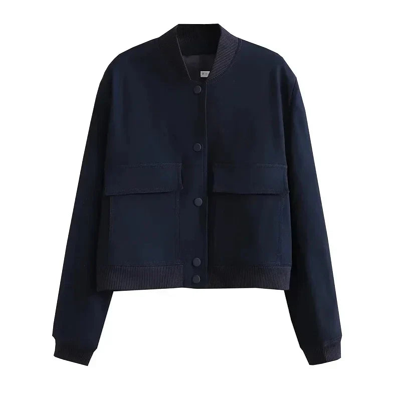 Women's Cropped Baseball Collar Bomber Jacket with Snap Buttons