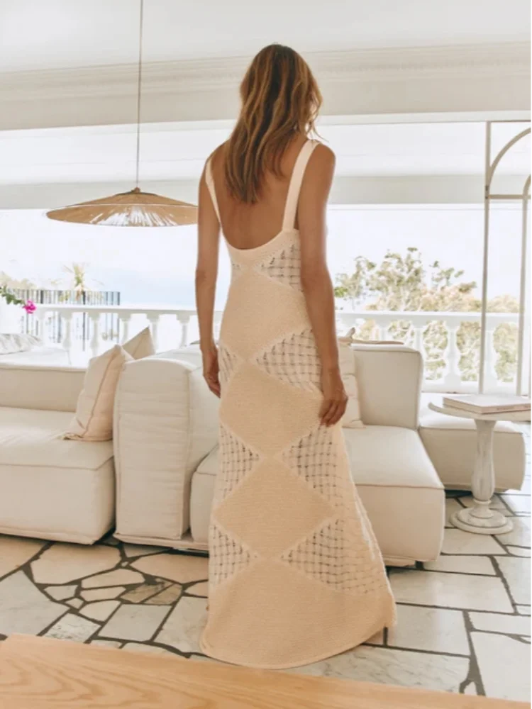 Women's Sleeveless Crochet Knit Maxi Dress with Bodycon Fit