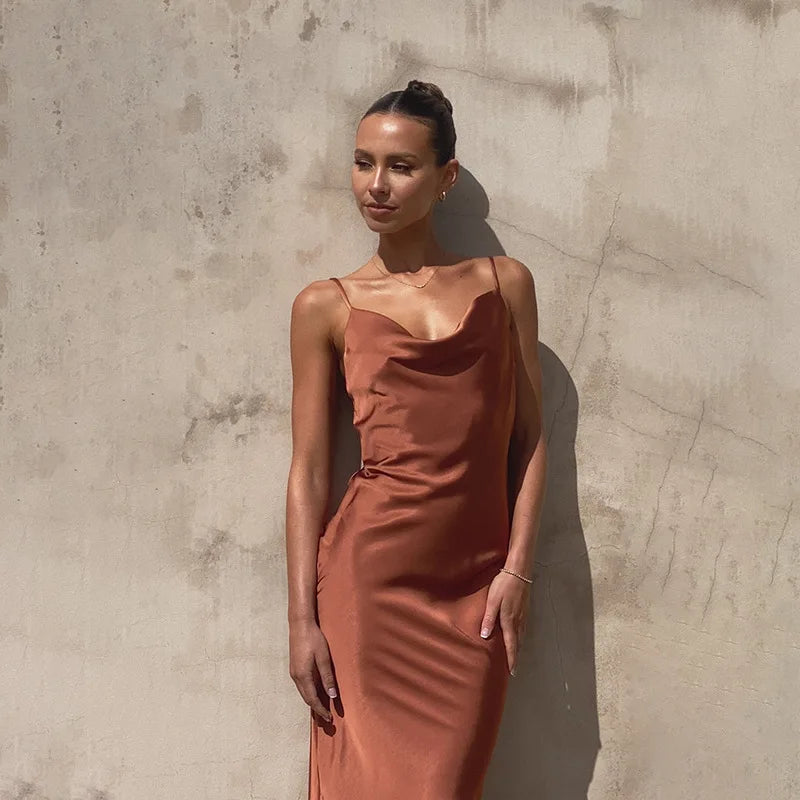 Women's Spaghetti Strap Maxi Dress with Draped Neckline