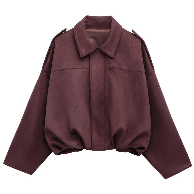 Women's Cropped Bomber Jacket with Lapel Collar and Zip Front