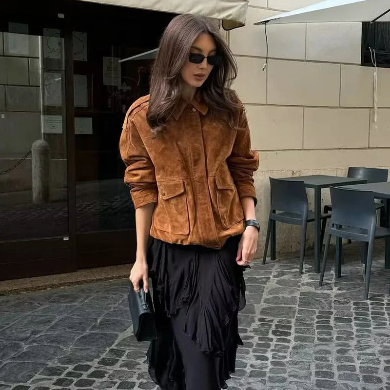 Women's Streetwear Bomber Jacket with Snap Buttons and Flap Pockets