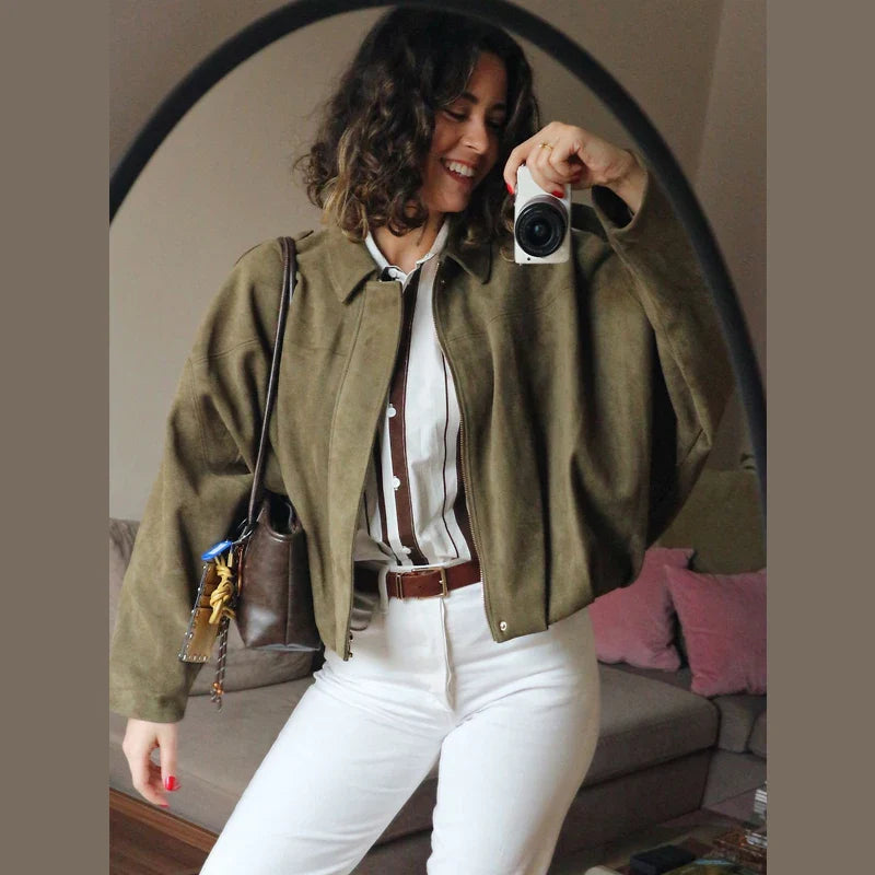 Women's Cropped Bomber Jacket with Lapel Collar and Zip Front