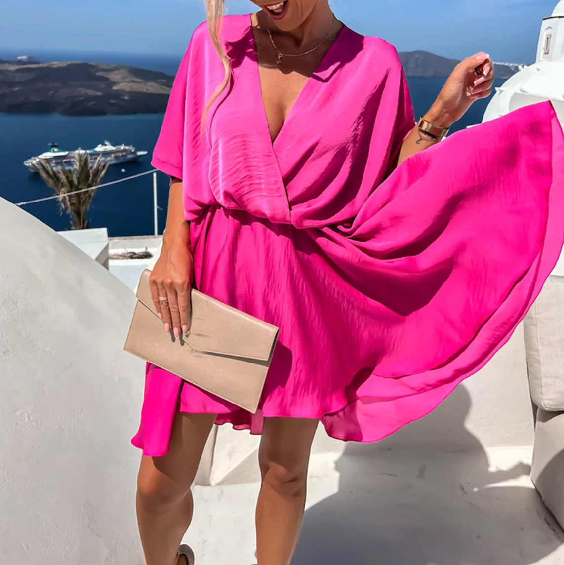 Women's Draped V-Neck Mini Dress with Flowing Short Sleeves