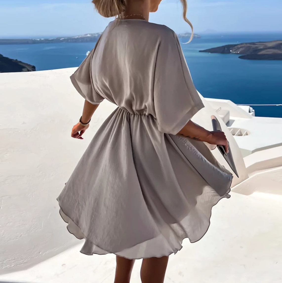 Women's Draped V-Neck Mini Dress with Flowing Short Sleeves
