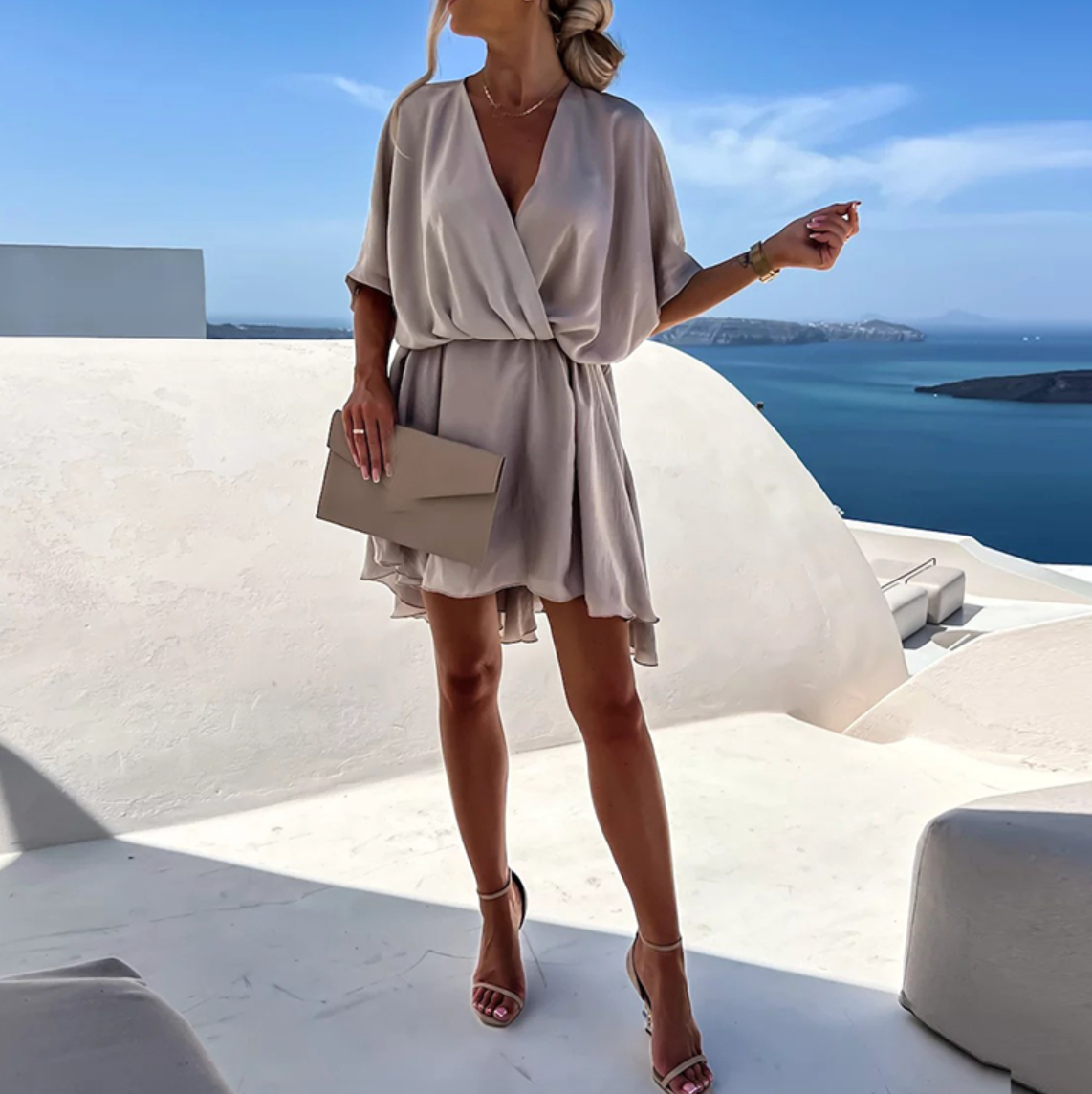 Women's Draped V-Neck Mini Dress with Flowing Short Sleeves