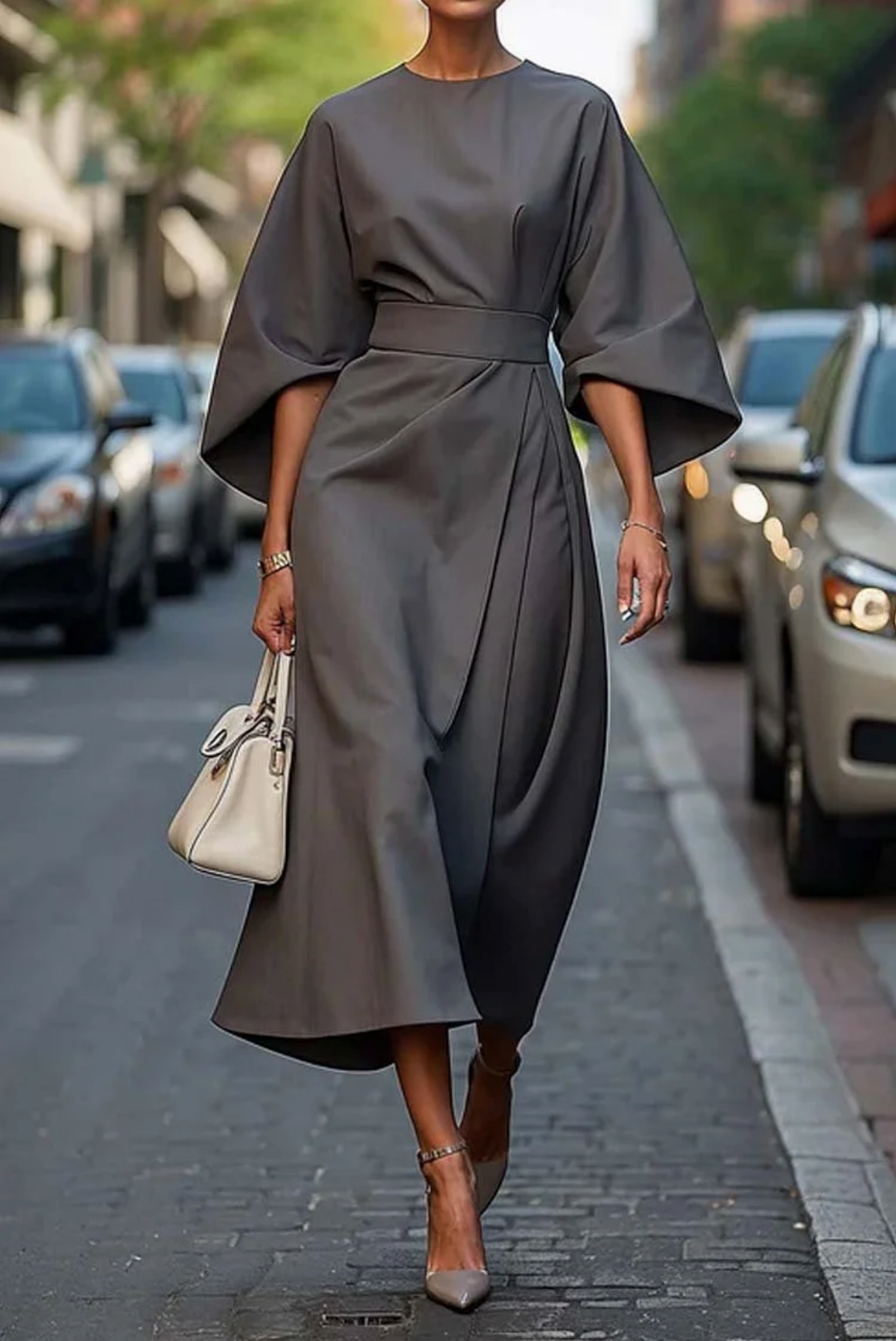 Louise Women's Dress – Feminine Dress with Puff Sleeve Detail and Adjustable Belt
