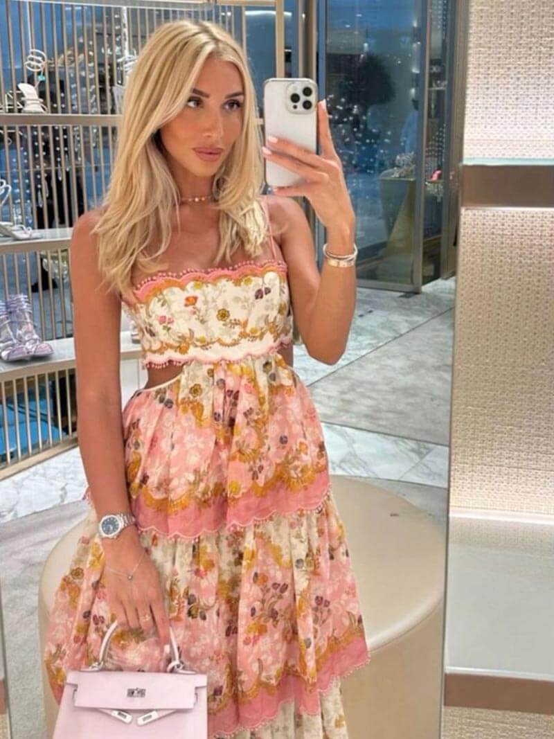 Women's Tiered Maxi Dress with Spaghetti Straps and Floral Print