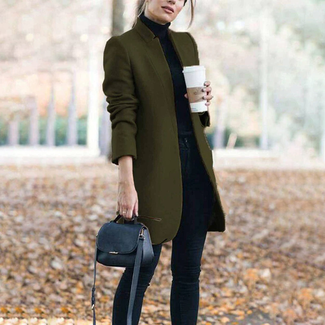 Women's Long Wool Trench Coat with Stand Collar and Sleek Fit