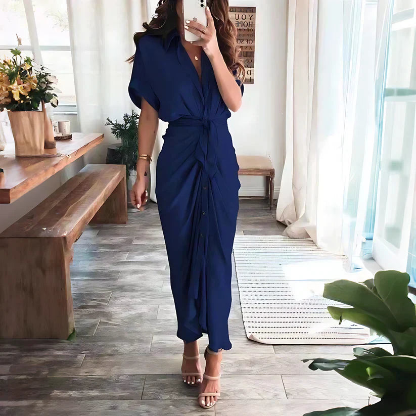 Women's Ruched Shirt Maxi Dress with Tie Waist and Button Front