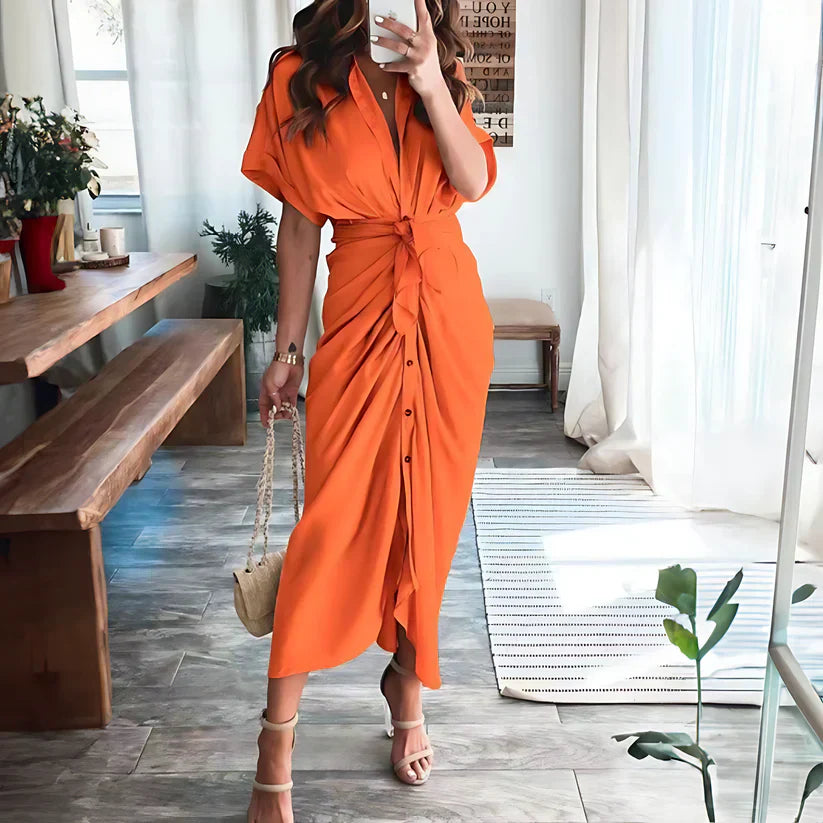 Women's Ruched Shirt Maxi Dress with Tie Waist and Button Front