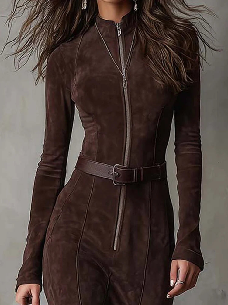 Cataina™ | Brown Vintage Long Dress with Belt