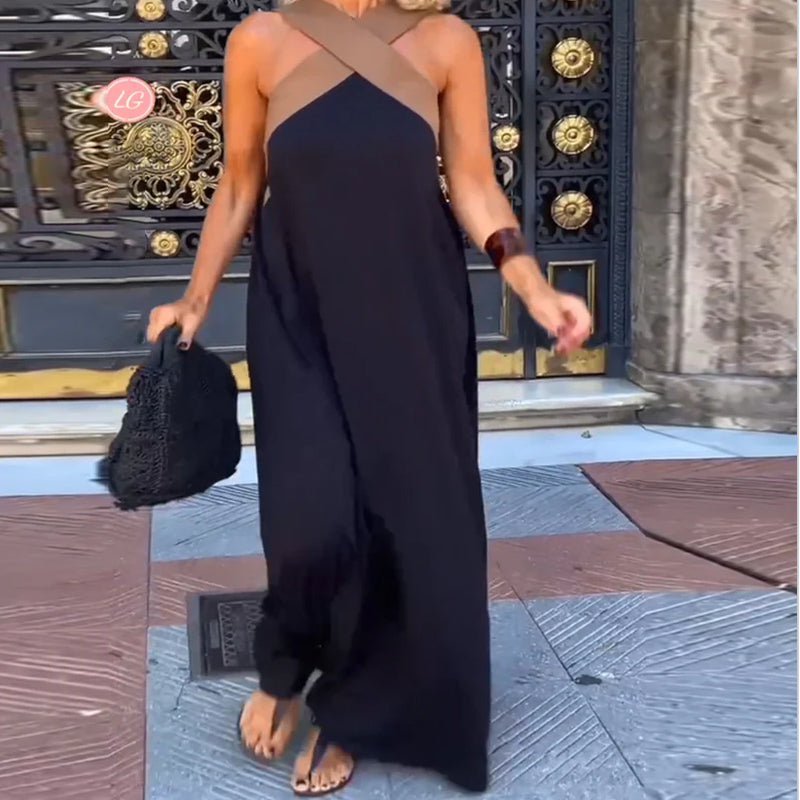Women's Halter Neck Maxi Dress with Crisscross Strap Detail