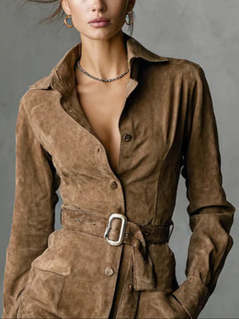 Celia | Midi dress with long sleeves, lapel and simple button fastening in suede