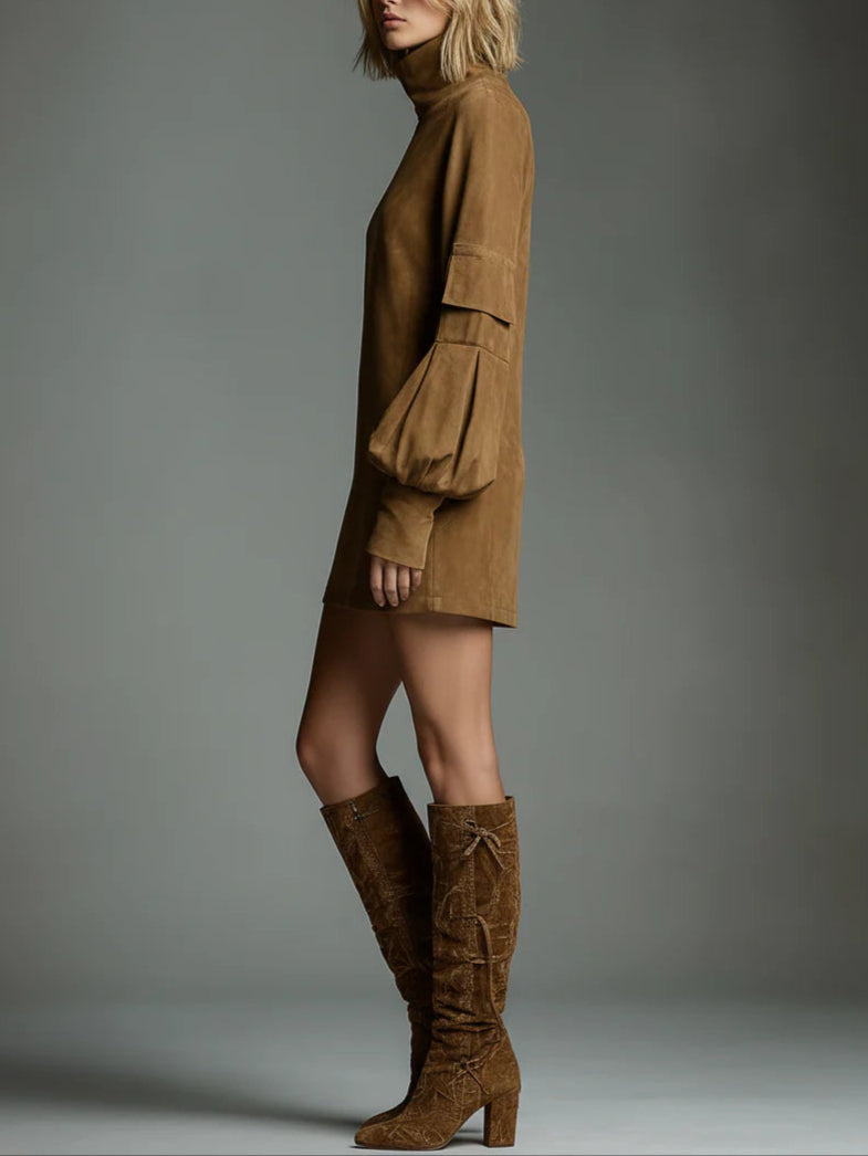 Verónica™ | Loose-fitting Suede Mini Dress with High Neck