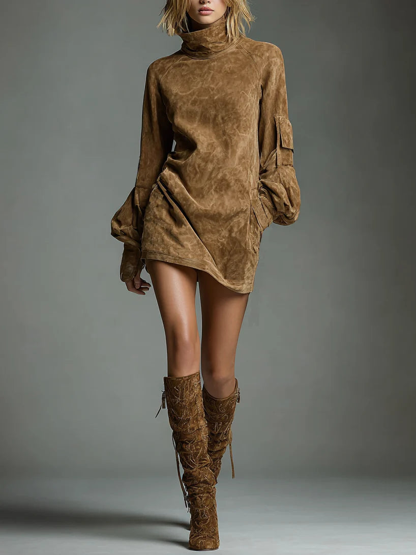 Verónica™ | Loose-fitting Suede Mini Dress with High Neck