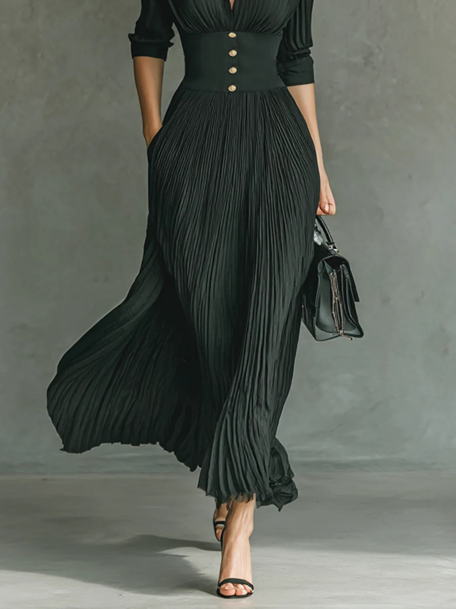 Martina | Elegant Long Sleeve Dress with Pleated Lapel and High Waist
