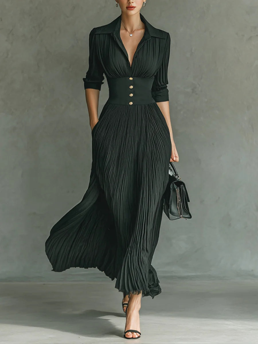 Martina | Elegant Long Sleeve Dress with Pleated Lapel and High Waist