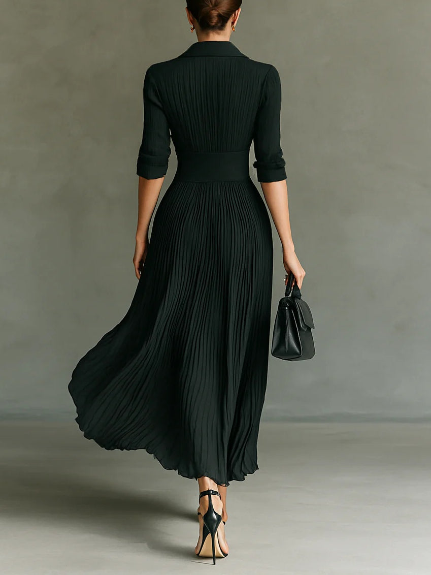 Martina | Elegant Long Sleeve Dress with Pleated Lapel and High Waist