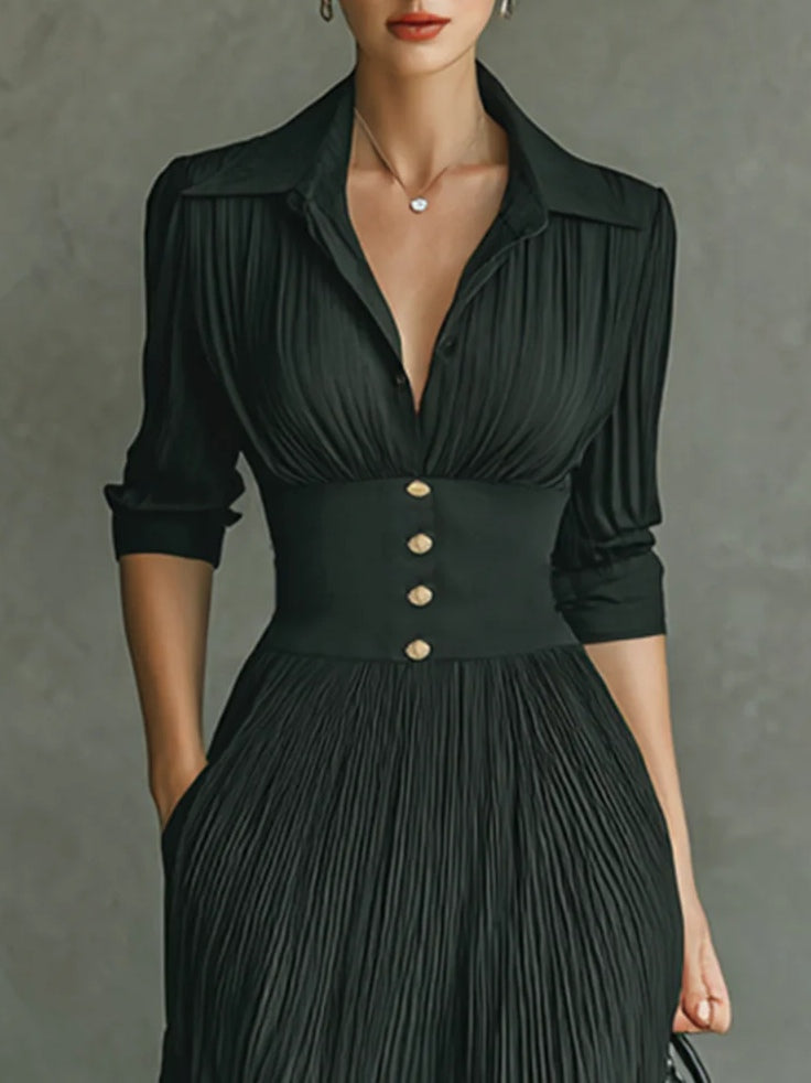 Martina | Elegant Long Sleeve Dress with Pleated Lapel and High Waist