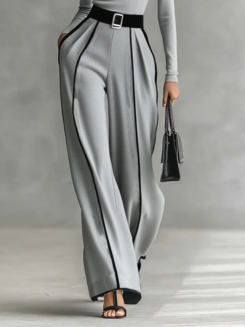 Carla | Long-sleeve high-neck top with white trim, wide-leg trousers, and belt