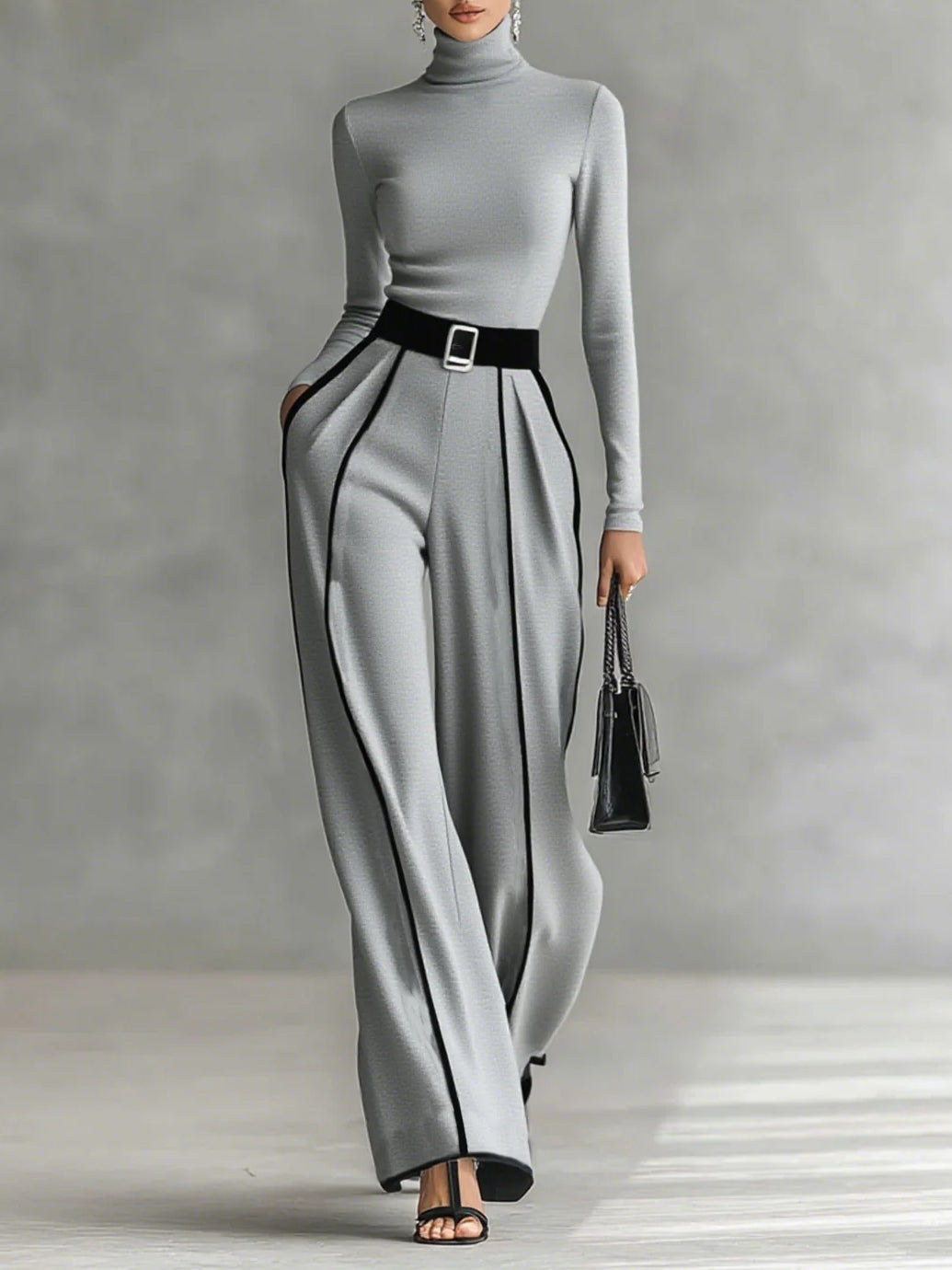 Carla | Long-sleeve high-neck top with white trim, wide-leg trousers, and belt